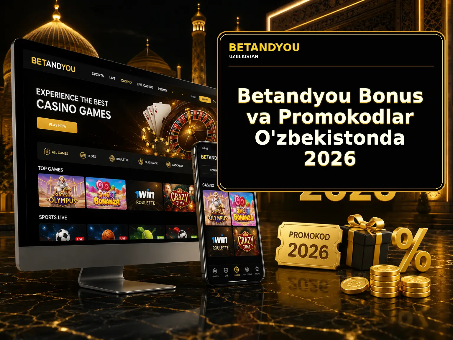 Betandyou Bonus va Promokodlar O'zbekistonda 2026 Ushbu sahifada mavjud bo'lgan betandyou bonus turlari, ularni faollashtirish shartlari va cheklovlar haqida ma'lumot to'plangan. Betandyou Uzbekistan foydalanuvchilari uchun dolzarb bo'lgan depozit bonuslari, keshbek va aksiyali takliflarni quyida ko'rish mumkin. Promokod qidirayotganlar, jumladan betandyou promokod yoki codigo promocional betandyou 2026 so'rovi bilan izlayotganlar ham, kerakli ma'lumotni bu yerda topadi. Betandyou Bonuslari: Yangi va Faol O'yinchilar Uchun Nima Mavjud Ushbu bo'limda betandyou bonus dasturining asosiy turlari to'plangan — xush kelibsiz takliflar, promokodlar, kazino va stavka aksiyalari. Platformadagi takliflar vaqt o'tishi bilan o'zgarishi mumkin, shuning uchun faollashtirishdan oldin shartlarni betandyou sayti da tekshirish muhim. Ro'yxatdan o'tgan va yangi foydalanuvchilar uchun betandyou Uzbekistan da mavjud betandyou aksiyalari quyida batafsil ko'rib chiqiladi. Betandyouda Mavjud Bonuslar Platforma bir necha turdagi aksiyani taklif etadi va har birining o'z shartlari bor. Betandyou bonus ni faollashtirishdan oldin quyidagi jadvalda keltirilgan asosiy parametrlarni ko'rib chiqish tavsiya etiladi. Bonus turi Kim uchun Nimani tekshirish kerak Xush kelibsiz bonus Yangi foydalanuvchilar Minimal depozit va wagering Promokod Yangi yoki faol o'yinchilar Muddati va faollashtirish shartlari Kazino bonusi Kazino o'yinchilari Ruxsat etilgan o'yinlar va wagering Depozit bonusi Hisob to'ldirish uchun Bonus foizi va limitlar Keshbek Faol foydalanuvchilar Hisoblash davri va qaytarish shartlari Freebet Sport stavkachilar Minimal koeffitsient va muddati Aksiyalardan birini tanlashda betandyou promokod ni kiritish talab qilinishi mumkin. Turli bonus turlarining shartlari farq qiladi — betandyou casino bonuslari va betandyou uz sport aksiyalari alohida parametrlarga ega. Yangi Foydalanuvchilar Uchun Betandyou Bonus Ro'yxatdan o'tgandan so'ng betandyou bonus sifatida xush kelibsiz taklif mavjud bo'lishi mumkin. Betandyou Uzbekistan da bonus miqdori va limitlar amalda bo'lgan aksiyaga qarab farq qiladi. Xush Kelibsiz Bonusni Qanday Olish Mumkin Bonusni olish ketma-ketligi turli aksiyalarda biroz farq qilishi mumkin. Betandyou sayti da xush kelibsiz bonusni faollashtirish uchun quyidagi qadamlarni bajarish kerak. Betandyou saytiga o'ting. Akkaunt oching. Telefon yoki emailni tasdiqlang. Talab qilinsa, birinchi depozitni kiriting. Bonusni shaxsiy kabinetda faollashtiring yoki promokod kiriting. Oynatish shartlarini tekshiring. Ro'yxatdan o'tish va depozit talablari betandyou promokod ni qo'llash shartlari bilan birga ko'rib chiqilishi kerak. Bonusni faollashtirish oldidan shaxsiy kabinetda uning holati tekshirib olinadi. Faollashtirish Oldidan Nimani Tekshirish Kerak Aksiyani faollashtirish oldidan shartlar bilan tanishish vaqtni tejaydi. Betandyou bonus ni olishdan avval quyidagi parametrlarga e'tibor berish tavsiya etiladi. minimal depozit summasi; bonusning maksimal miqdori; taklifning amal qilish muddati; wagering (oynatish) talablari; o'yinlar yoki stavkalarga cheklovlar; bonusdan so'ng maksimal yechib olish summasi. Shartlardagi farqlar oldindan ma'lum bo'lsa, mablag' yechib olishda muammolar yuzaga kelmasligi mumkin. Betandyou Uzbekistan da ba'zi bonuslarga mintaqaviy cheklovlar qo'llanilishi mumkin. Betandyou Kazino Promokodini Qanday Ishlatish Kerak Aksiya kodi sifatida ishlatiladigan betandyou promokod depozit bonusini oshirish, freebet yoki kazino imtiyozi berishi mumkin. Kodni to'g'ri kiritish muhim — ortiqcha bo'shliq yoki harfda xatolik kodni ishlamasligiga olib keladi. Promokodni Qayerga Kiritish Kerak Platforma bir necha joyda promokod kiritish imkonini beradi. Betandyou uz da kod quyidagi joylarga kiritilishi mumkin. ro'yxatdan o'tish formasiga; shaxsiy kabinetga; bonuslar bo'limiga; hisob to'ldirish jarayoniga; maxsus aksiya maydoniga. Kod qayerga kiritilishi aksiya shartlari aniqlashtiradi. Bir aksiyada bir usul ko'rsatilgan bo'lsa, faqat shu yo'l orqali kiritish tavsiya etiladi. Nima Uchun Promokod Ishlamayapti Ba'zi hollarda betandyou promokod faollashmasligi mumkin va bu bir qancha sabablarga bog'liq. Asosiy holatlar quyida keltirilgan. muddati tugagan — aksiya belgilangan sanadan keyin ishlamaydi; kod xato kiritilgan — harfda yoki bo'shliqda xatolik kodni bloklaydi; mintaqaviy cheklov — ba'zi aksiyalar O'zbekiston uchun ochiq bo'lmasligi mumkin; depozit talabi bajarilmagan — minimal miqdor mos kelmasa, bonus faollashmaydi; boshqa bonus allaqachon faol — ko'pincha bir vaqtda faqat bitta bonus ishlatiladi; akkaunt tasdiqlanmagan — verifikatsiyasiz hisob ba'zi aksiyalarda cheklangan bo'lishi mumkin. Muammo davom etsa, platforma qo'llab-quvvatlash xizmatiga murojaat qilish tavsiya etiladi. Betandyou bonus holati va kod to'g'riligi shaxsiy kabinet orqali ham tekshiriladi. Betandyou Promokod 2026 Bir qancha foydalanuvchilar codigo promocional betandyou 2026 so'rovi orqali shu yilga dolzarb promokod topmoqchi bo'ladi. Bunday so'rovlar aksiyaning joriy holati bilan bog'liq, chunki betandyou promokod ning amal qilish muddati o'zgarib turadi va universal kod kafolatlanmaydi. Promokod Dolzarbligini Qanday Tekshirish Mumkin Promokod dolzarbligini bilish uchun bir necha qadamni bajarish kerak. Shu jarayon orqali betandyou bonus ning amal qilish muddatini va betandyou Uzbekistan uchun mavjudligini aniqlash mumkin. Bonuslar bo'limini oching. Aksiya muddat sanasini tekshiring. Depozit talablarini ko'rib chiqing. O'zbekiston uchun mavjudligini aniqlang. Faollashtirishdan oldin oynatish shartlarini ko'ring. Kod bir aksiyaga bog'liq bo'lsa, uni faqat shu aksiya bo'limida kiritish tavsiya etiladi. Betandyou promokod muddati o'tgan bo'lsa, yangi aksiyalar bo'limida dolzarb takliflarni qidirish mumkin. Betandyou Casino Bonuslari Platformadagi betandyou casino bo'limida slotlar, live-kazino va boshqa o'yin sektsiyalariga qaratilgan bonuslar mavjud bo'lishi mumkin. Barcha o'yinlar bonus oynatishida (wagering) teng hissa qo'shmaydi — bu shartlarda ko'rsatiladi. Qanday Casino Bonuslari Mavjud Bo'lishi Mumkin Kazino bo'limida betandyou bonus aksiyalarining bir necha turi mavjud. Quyida asosiy kazino bonus turlari keltirilgan. depozit bonusi kazino uchun; free spins (bepul aylanishlar); keshbek; turnir aksiyalari; live-kazino uchun maxsus bonuslar; vaqtinchalik promokod aksiyalari. Aksiyalarning mavjudligi platformaning joriy taklif dasturiga bog'liq. Dolzarb aksiyalarni betandyou sayti da tekshirish eng ishonchli usul. Casino Bonus Shartlarida Nimani Tekshirish Kerak Kazino bonusini faollashtirish oldidan betandyou da belgilangan shartlarni to'liq o'qib chiqish kerak. Quyidagi parametrlar ko'pincha bonusning amaliy qiymatini belgilaydi. ruxsat etilgan o'yinlar ro'yxati; har bir o'yinning wagering ga hissasi; faol bonusda maksimal stavka miqdori; bonus mablag'larining amal qilish muddati; g'alaba yechib olishga cheklov. Wagering talabi va o'yinlar hissasi shartlar bo'limida ko'rsatiladi. Bu ma'lumotlarni oldindan o'qish mablag' yechib olishdagi muammolarni oldini oladi. Sport Stavkalari Uchun Betandyou Bonuslari Sport stavkalari bo'limi uchun betandyou bonus dasturi freebet, depozit bonuslari, oshirilgan koeffitsientlar va keshbekni o'z ichiga olishi mumkin. Sport aksiyalarining shartlari betandyou kazino aksiyalaridan farq qiladi — bu parametrlarni alohida tekshirish kerak. Nimaga E'tibor Berish Kerak Sport bonuslarini faollashtirish oldidan ma'lum parametrlarga diqqat qaratish kerak. Betandyou Uzbekistan da sport stavkalari aksiyalari uchun quyidagi shartlar dolzarb hisoblanadi. minimal koeffitsient; ruxsat etilgan stavka turlari; stavkaning minimal summasi; freebetning amal qilish muddati; turnir yoki tadbirlarga cheklov; g'alaba hisobi qoidalari. Freebet qoidalari odatda depozit bonuslaridan farq qiladi. Betandyou uz da sport aksiyalariga oid barcha shartlar saytning tegishli bo'limida ko'rsatiladi. Betandyou Bonusini Qanday Faollashtirish Mumkin Bonusni faollashtirish jarayoni barcha bonus turlariga nisbatan bir xil asosiy ketma-ketlikka ega. Akkaunt orqali betandyou uz platformasida betandyou bonus ni olish uchun quyidagi qadamlarni bajarish kerak. Ro'yxatdan o'ting yoki akkauntga kiring. Bonuslar bo'limiga o'ting. Mos aksiyani tanlang. Qoidalar va cheklovlarni o'qing. Talab qilinsa, promokod kiriting. Agar bonus depozitga bog'liq bo'lsa, hisobni to'ldiring. Faollashtirishni tasdiqlang. Shaxsiy kabinetda oynatish (wagering) holatini kuzating. Bonus progress va qolgan wagering summasi betandyou sayti da shaxsiy kabinet orqali kuzatiladi. Kodni kiritishda betandyou promokod to'g'ri va katta-kichik harflarga rioya qilib kiritilishi shart. Betandyouda Bonus Oynatish (Wagering) Nima Oynatish (wagering) — betandyou bonus yoki u bilan olingan g'alabani yechib olishdan avval ma'lum summaga stavka qo'yish talabi. Bu talab har bir aksiya uchun alohida belgilanadi. Oynatishning Asosiy Parametrlari Oynatish shartlari bonusning amaliy qiymatini belgilaydi. Sport va betandyou casino aksiyalarida bu parametrlar farq qilishi mumkin. wagering koeffitsienti (masalan, x5 yoki x30); minimal koeffitsient stavkalar uchun; bonus ning amal qilish muddati; ruxsat etilgan o'yinlar yoki tadbirlar; faol bonusda maksimal stavka; yechib olish limiti; turli o'yinlarning wagering ga hissasi (0%, 25%, 50%, 100%). Wagering kabi parametrlar shartlar bo'limida ko'rsatiladi. Faollashtirish oldidan betandyou promokod yoki bonus shartlari bo'limida barcha cheklovlarni ko'rib chiqish tavsiya etiladi. Nima Uchun Shartlarni O'qish Muhim Bonus miqdori katta bo'lsa ham, yuqori wagering talabi mablag' yechib olishni murakkablashtirishi mumkin. Faollashtirish oldidan betandyou da belgilangan shartlarni to'liq o'qib chiqish — keyinchalik muammo yuzaga kelmasligining asosiy usuli. Shartlarni oldindan tushungan foydalanuvchi bonus imkoniyatlaridan samarali foydalana oladi. O'zbekistonda Betandyou Bonus O'zbekiston foydalanuvchilari uchun betandyou Uzbekistan da aksiyalar avtomatik ravishda mavjud bo'lavermaydi — mintaqaviy cheklovlar va valyuta talablarini alohida tekshirish kerak. Ro'yxatdan o'tishdan oldin betandyou bonus ning dolzarbligini va mahalliy qonunchilik talablarini ko'rib chiqish muhim. O'zbekiston Foydalanuvchilari Nimalarni Tekshirish Kerak Bonus faol bo'lishidan avval bir qancha shartlarni tekshirish kerak. Betandyou uz foydalanuvchilari uchun dolzarb bo'lgan parametrlar quyida keltirilgan. aksiyaning mintaqa uchun mavjudligi; UZS qo'llab-quvvatlanishi; to'lov usullari; yechib olish shartlari; verifikatsiya talablari; 18+ yosh cheklovi; joriy xizmat qoidalari. Aksiya shartlarida mintaqaviy cheklovlar ko'rsatilgan bo'lsa, ular e'tiborga olinishi kerak. Tekshiruv uchun betandyou sayti ning shartlar bo'limiga murojaat qilish tavsiya etiladi. Nima Uchun Betandyou Bonus Faollashmayapti Ba'zan foydalanuvchilar aksiya faollashtirish jarayonida muammoga duch keladi. Aksiya faollashtirilamazligida betandyou bonus muammolarining asosiy sabablari va izohlari quyida keltirilgan. Muddati tugagan — aksiya belgilangan sanadan keyin ishlamaydi; betandyou promokod dolzarbligini oldindan tekshirish muhim. Kod xato kiritilgan — harfda yoki bo'shliqda xatolik kodni bloklaydi; kodni asl shaklida kiritish kerak. Mintaqaviy cheklov — ba'zi aksiyalar O'zbekiston foydalanuvchilari uchun ochiq bo'lmasligi mumkin. Depozit talabi bajarilmagan — minimal miqdor mos kelmasa, bonus faollashmaydi. Boshqa bonus allaqachon faol — ko'pincha bir vaqtda faqat bitta bonus ishlatiladi. Akkaunt tasdiqlanmagan — verifikatsiyasiz hisob ba'zi aksiyalarda cheklangan bo'lishi mumkin. Muammo codigo promocional betandyou 2026 kabi promokod versiyalari bilan bog'liq bo'lsa, aksiyalar bo'limida muddatni tekshirish tavsiya etiladi. O'zbekistonlik foydalanuvchilar uchun betandyou Uzbekistan platforma qo'llab-quvvatlash xizmati ham yordam berishi mumkin. Bonus Olish Uchun Ro'yxatdan O'tish Shartmi Ko'p hollarda betandyou bonus dan foydalanish uchun akkaunt ochish shart. Ro'yxatdan o'tish, kirish, telefon yoki email tasdiqlash, depozit va ba'zi hollarda verifikatsiya — bular betandyou platformasida bonus olishning asosiy shartlari. Betandyou sayti da ba'zi aksiyalar ro'yxatdan o'tmagan foydalanuvchilarga ko'rinsa ham, betandyou promokod ni kiritish uchun akkaunt shart. Betandyouga Kirganidan Keyin Bonuslarni Qanday Ko'rish Mumkin Akkauntga kirgandan so'ng betandyou bonus bo'limi betandyou sayti da faol aksiyalar, oynatish holati va tarixni ko'rsatadi. Bu bo'limdan betandyou platformasining barcha imkoniyatlarini boshqarish va betandyou uz da mavjud takliflarni ko'rish mumkin. FAQ Yangi ro'yxatdan o'tgan foydalanuvchi qanday bonuslar ola oladi? Yangi foydalanuvchilar uchun xush kelibsiz bonus ro'yxatdan o'tish va birinchi depozitdan so'ng mavjud bo'lishi mumkin. Bonus miqdori va shartlari joriy aksiyaga qarab farq qiladi. Faollashtirish oldidan minimal depozit, wagering va muddatini ko'rib chiqish tavsiya etiladi. Promokod qayerdan topiladi va uni to'g'ri ishlatish uchun nima qilish kerak? Promokodlar platforma saytida, aksiyalar bo'limida yoki maxsus kampaniyalarda e'lon qilinadi. Kodni ro'yxatdan o'tish formasiga, shaxsiy kabinet yoki bonuslar bo'limiga kiritish mumkin. Kodni kiritishda ortiqcha bo'shliq va harfda xatolikka yo'l qo'ymang. Wagering — oynatish talabi nima va u bonusga qanday ta'sir qiladi? Wagering — bonus yoki u bilan olingan g'alabani yechib olishdan avval ma'lum summaga stavka qo'yish talabi. Masalan, x5 wagering 100 000 so'm bonus uchun 500 000 so'm stavka talab qiladi. Bu parametr har bir aksiya uchun alohida belgilanadi. O'zbekiston foydalanuvchilari barcha bonuslardan foydalana oladimi? Barcha bonuslar O'zbekiston uchun avtomatik ochiq bo'lavermaydi. Mintaqaviy cheklovlar, valyuta talablari va lokal qonunchilik ba'zi aksiyalarga ta'sir qilishi mumkin. Ro'yxatdan o'tishdan oldin aksiya shartlarida mintaqaviy mavjudligini tekshirish lozim. Casino bonuslari qanday ishlaydi va ular uchun qanday shartlar bor? Casino bonuslari odatda slot yoki live-kazino o'yinlarida ishlatiladi. Barcha o'yinlar wagering uchun teng hissa qo'shmasligi mumkin — bu shartlarda ko'rsatiladi. Faollashtirish oldidan ruxsat etilgan o'yinlar ro'yxati va maksimal stavka limitlarini tekshirish muhim.